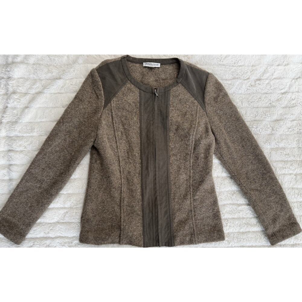 Pendleton Brown Solid Knit 100% Wool Full Zip Crew Neck Sweater Women M